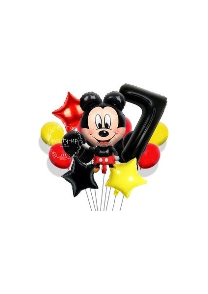 7 Yaş Siyah Rakam Balonlu Mickey Mouse Balon Seti Mini Fare Temalı 17'li Set