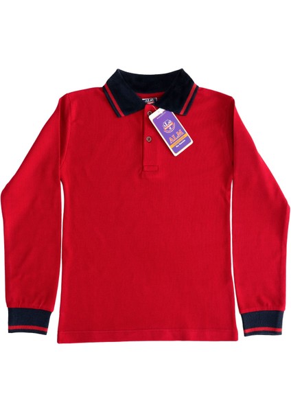 Polo Yaka Tişört Çocuk Uzun Kol Siyah Çizgi Yaka Kırmızı Okul Tişört/t-Shirt