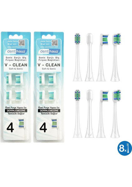 Super Set - V Clean Sonic Soft Temizlik - Philips Sonicare Uyumlu 8 Adet Yedek Başlık