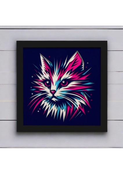 Neon Kedi Temalı 3D Lazer Kesim Mukkava Tablo - Çerçeveli Sanat Eseri (30X30 Cm)