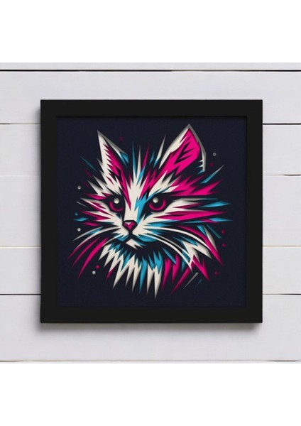 Neon Kedi Temalı 3D Lazer Kesim Mukkava Tablo - Çerçeveli Sanat Eseri (30X30 Cm)