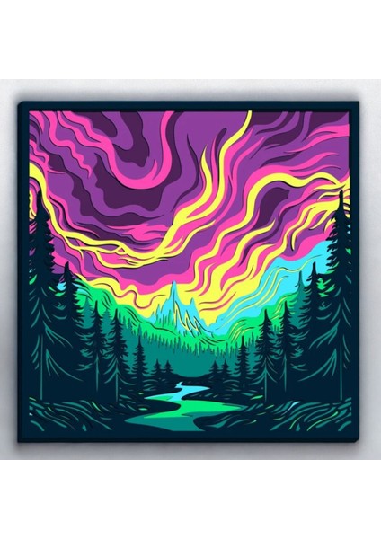 Renkli Kuzey Işıkları 3D Lazer Kesim Mukkava Tablo - Çerçeveli Sanat Eseri (30X30 Cm)
