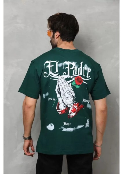 Unisex Bisiklet Yaka Baskılı Oversize T-Shirt - Yeşil
