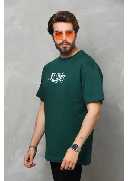 Unisex Bisiklet Yaka Baskılı Oversize T-Shirt - Yeşil