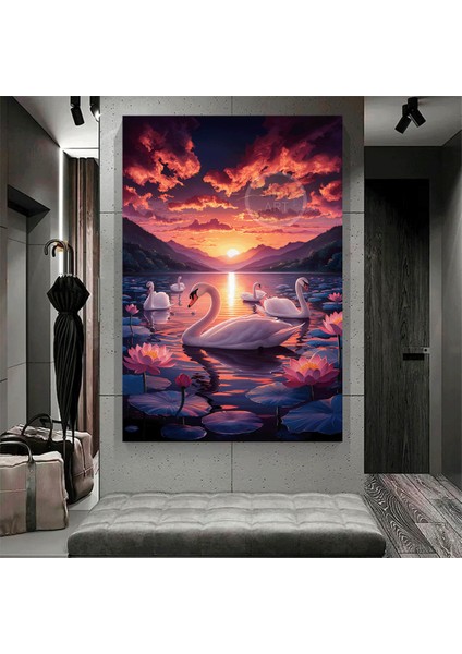 Modern Gün Batımında Lotus ve Kuğu Manzarası Kanvas Tablo