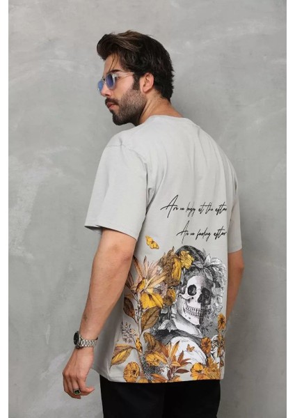 Unisex Bisiklet Yaka Baskılı Oversize T-Shirt - Gri