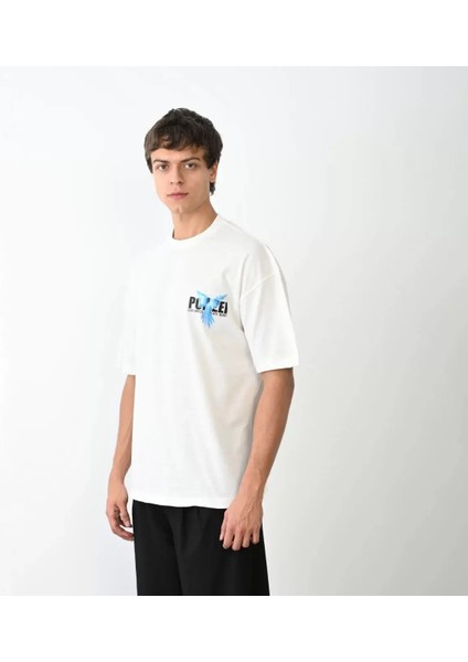 Unisex Bisiklet Yaka Baskılı Oversize T-Shirt - Beyaz