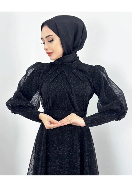 Tesettür Tül Abiye Elbise Jakarlı Simli Dokuma Kumaş Moda Düğün Şıklığı – Siyah