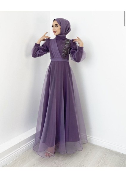 Omuz Taş Işlemeli Tesettür Abiye Organze Tül Kuşak Detaylı Tasarım Moda Düğün Şıklığı – Lila