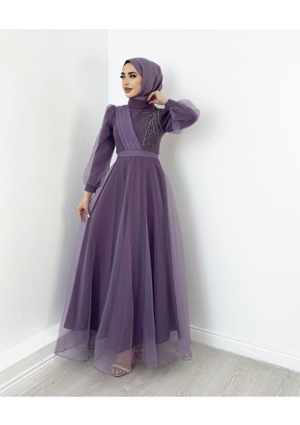 Omuz Taş Işlemeli Tesettür Abiye Organze Tül Kuşak Detaylı Tasarım Moda Düğün Şıklığı – Lila fiyatları