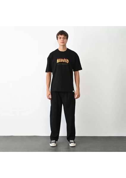 Unisex Bisiklet Yaka Baskılı Oversize T-Shirt - Siyah