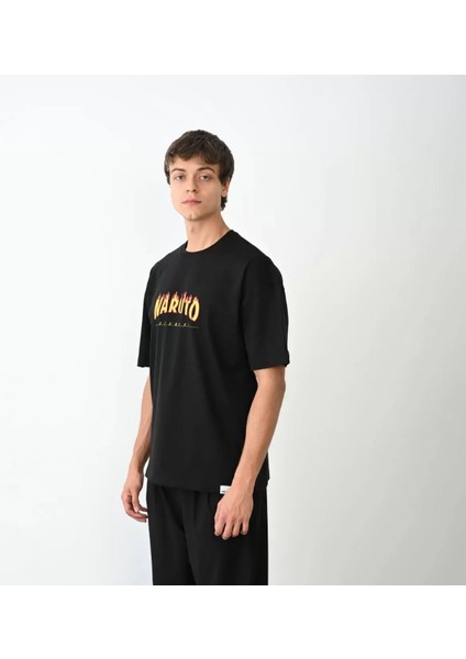 Unisex Bisiklet Yaka Baskılı Oversize T-Shirt - Siyah
