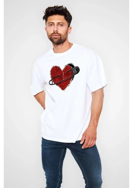 Unisex Bisiklet Yaka Baskılı Oversize T-Shirt - Beyaz