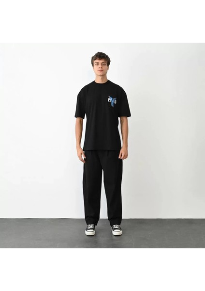 Bisiklet Yaka Baskılı Oversize T-Shirt - Siyah