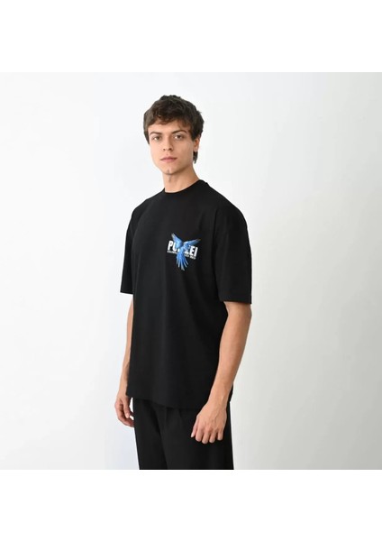 Bisiklet Yaka Baskılı Oversize T-Shirt - Siyah