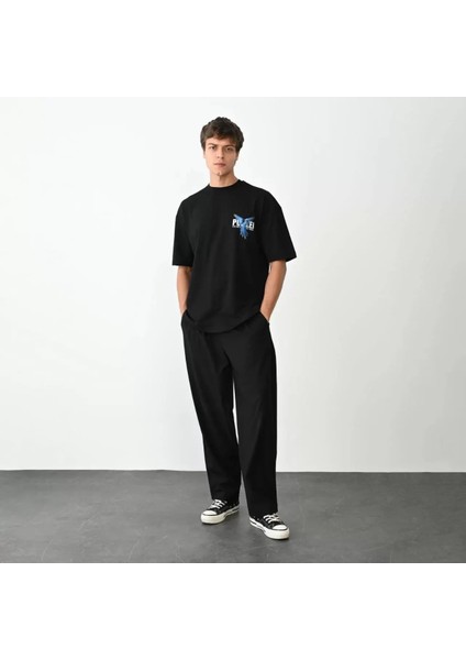 Bisiklet Yaka Baskılı Oversize T-Shirt - Siyah