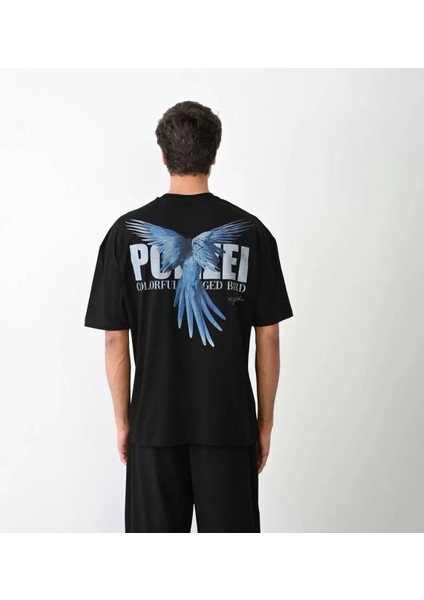Bisiklet Yaka Baskılı Oversize T-Shirt - Siyah