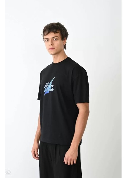 Unisex Bisiklet Yaka Baskılı Oversize T-Shirt - Siyah