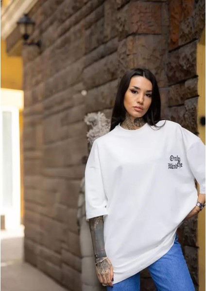 Bisiklet Yaka Baskılı Oversize T-Shirt - Beyaz