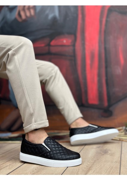 Ba0353 Bağcıksız Kapitone Siyah Beyaz Taban Günlük Erkek Ayakkabı