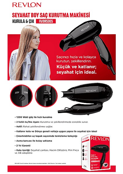 RVDR5305 Katlanabilir Seyahat Tipi Saç Kurutma Makinesi Siyah