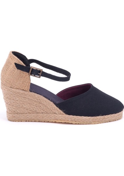 Elişi Siyah Hasır Dolgu Topuk Keten Hasır Espadril Handmade