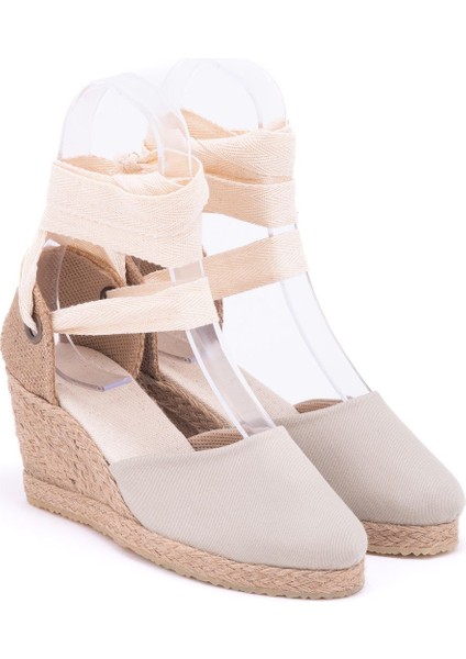 Elişi Ipli Bej Hasır Dolgu Topuk Keten Hasır Espadril Handmade