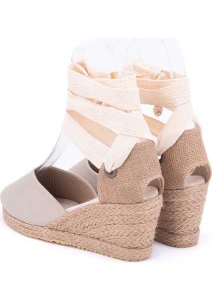 Elişi Ipli Bej Hasır Dolgu Topuk Keten Hasır Espadril Handmade