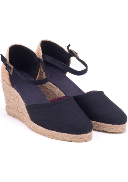 Star Tombis Elişi Siyah Hasır Dolgu Topuk Keten Hasır Espadril Handmade