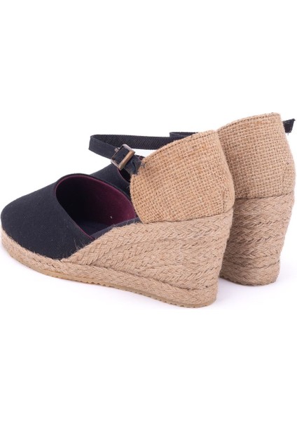 Star Tombis Elişi Siyah Hasır Dolgu Topuk Keten Hasır Espadril Handmade