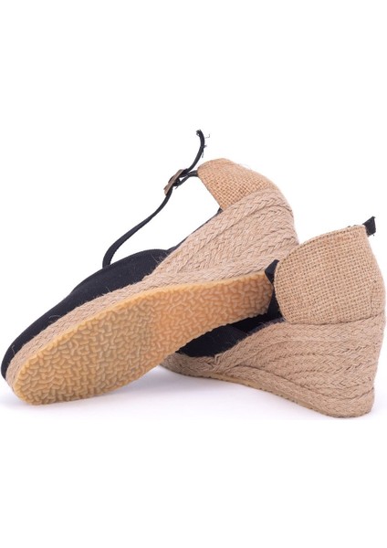 Star Tombis Elişi Siyah Hasır Dolgu Topuk Keten Hasır Espadril Handmade