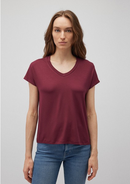 V Yaka Bordo Basic Viskoz Tişört 167714-70393