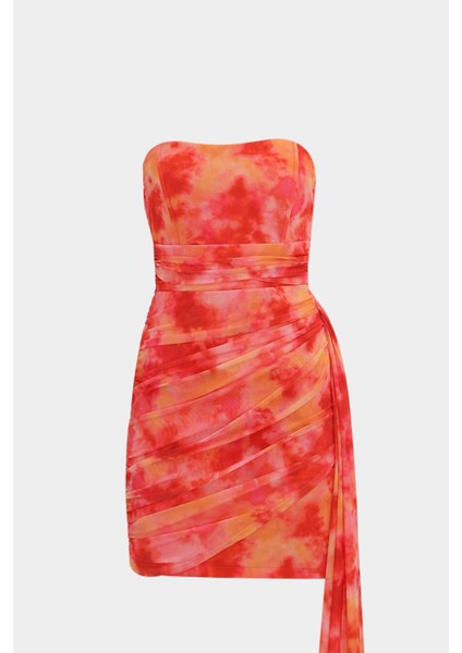 Straplez Batik Desen Korsajlı Mini Kadın Elbise