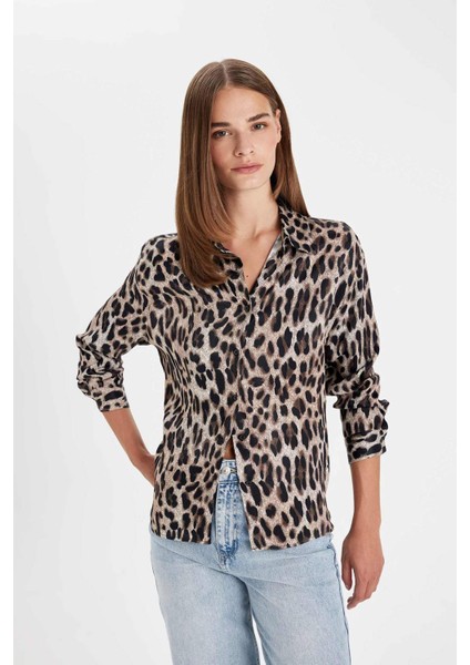 Regular Fit Leopar Desenli Poplin Uzun Kollu Gömlek D3148AX24AU
