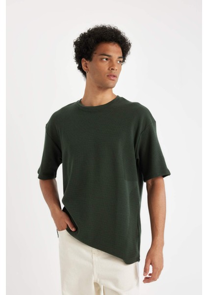 Boxy Fit Bisiklet Yaka Kısa Kollu Basic Düz Waffle Tişört B4443AX24AU