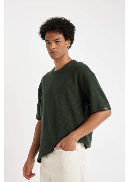 Boxy Fit Bisiklet Yaka Kısa Kollu Basic Düz Waffle Tişört B4443AX24AU