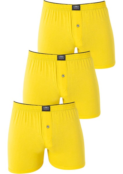 Erkek Sarı Düğmeli Boxer 3'lü Paket %100 Pamuklu Penye