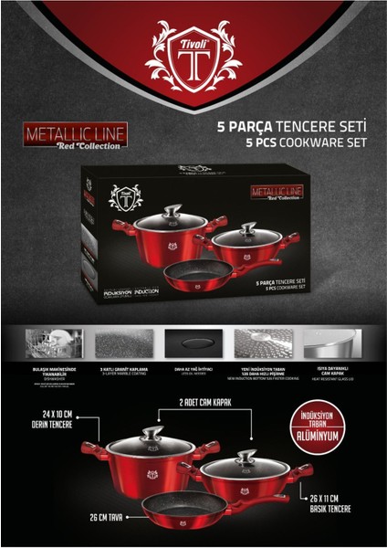 Metallic Line Red Collection 5 Parça Tencere Seti