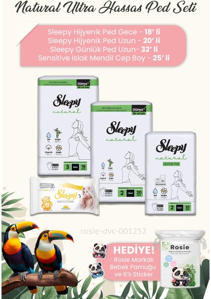 Natural Ultra Hassas Hijyenik Ped 3'Lü, Sensitive Mendil Cep Boy 25' Li Ve Rosıe