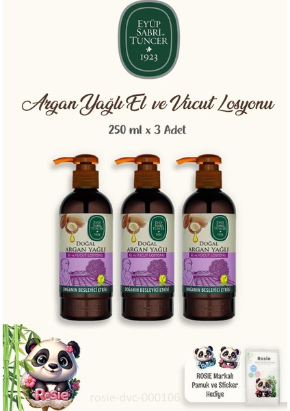 3 Adet Eyüp Sabri Tuncer Vücut Losyonu Argan 250 ml ve 60'lı %100 Pamuk Rosıe