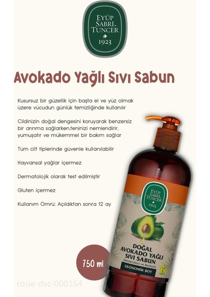 3'lü Eyüp Sabri Tuncer Doğal Avokado Yağlı Sıvı Sabun 750 ml ve Rosıe Pamuk