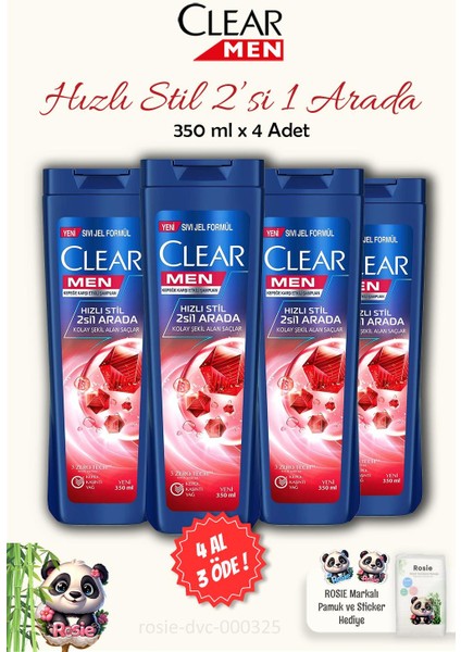 4 Al 3 Öde Clear Men Kepeğe Karşı Etkili Hızlı Stil 2'si 1 Arada Şampuan 350 ml ve Rosıe