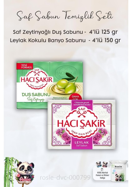 Saf Zeytinyağlı Gliserinli Duş Sabunu 4 x 125 Gr, Leylak Kokulu Banyo Sabunu 4 x 150 gr ve Rosıe