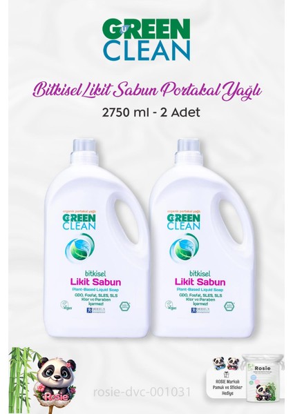 Green Clean 2 Adet Green Clean Bitkisel Likit Sabun Portakal Yağlı 2750 ml ve Rosıe