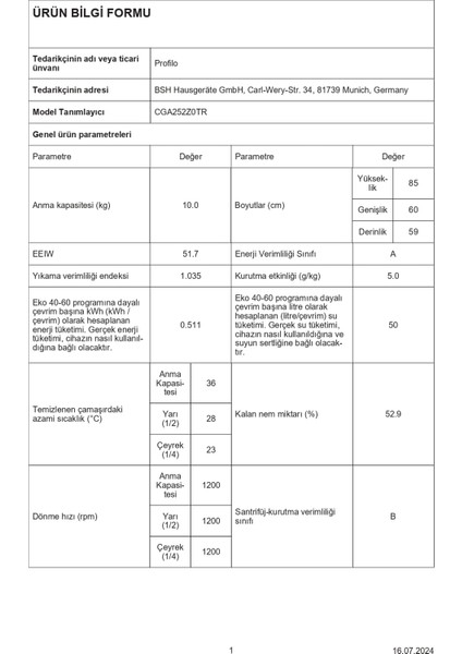 CGA252Z0TR A Enerji Sınıfı 10 kg 1200 Devir Çamaşır Makinesi