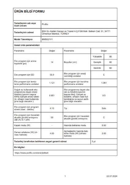 BMS521V1 E Enerji Sınıfı 6 Programlı Bulaşık Makinesi