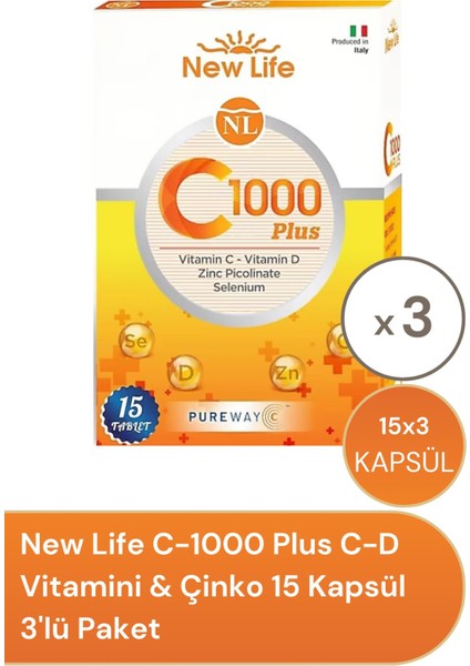 C-1000 Plus C-D Vitamini & Çinko 15 Kapsül - 3 Adet