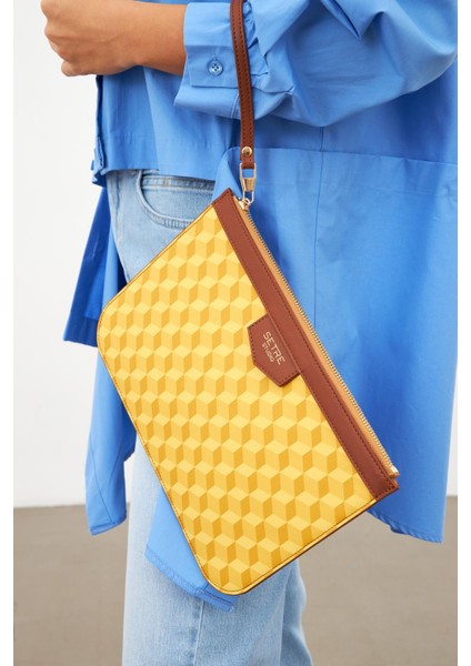 Sarı Geometrik Desen Clutch Çanta