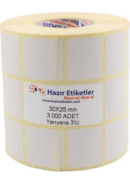 Termal Etiket, 30MM x 25MM 3000 Adetli 3lü Yan Yana Sarılmış Rulolar 40MM Kuka Çapında Direk Termal Transfer Etiketi
