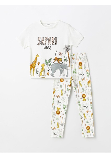 Lcw Kids Bisiklet Yaka Baskılı Kısa Kollu Kız Çocuk Pijama Takımı
